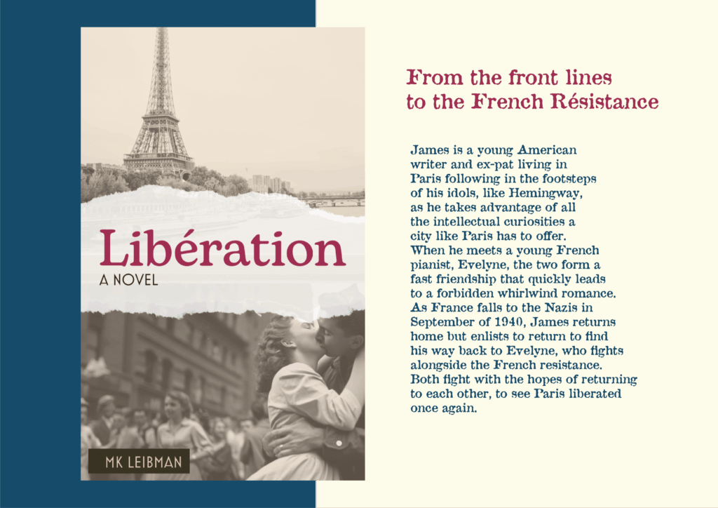 A book cover featuring an embrace by a couple during WWII along the streets of Paris.